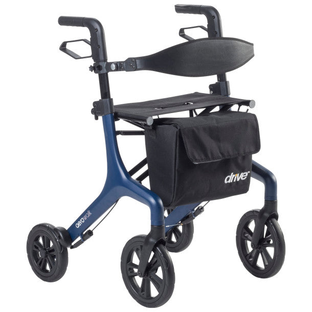 AeroWalk ultra-lite rollator in blue with black seat, back support, and front push handles