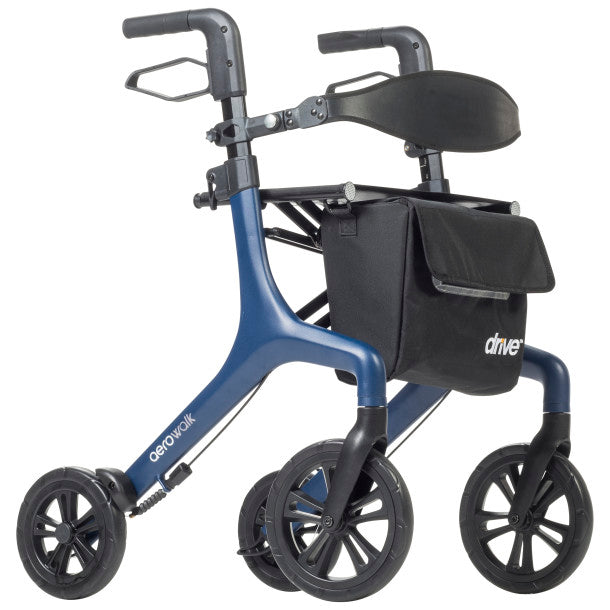 3/4 view of blue rollator with black seat, backrest, and right-side storage bag