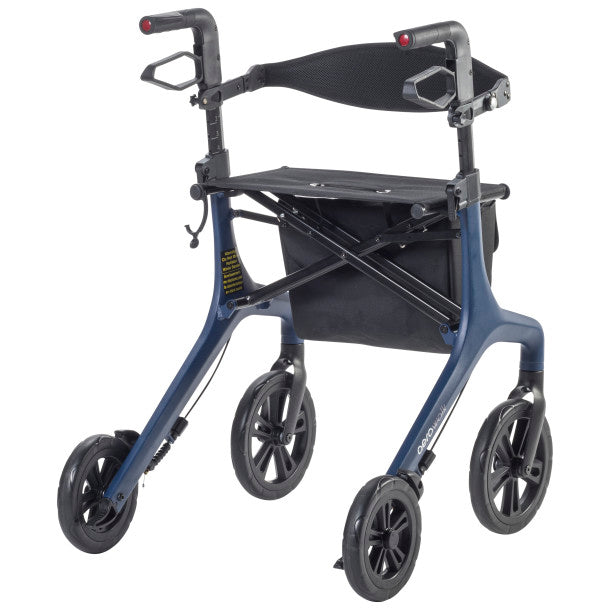 Rollator side profile in blue with black seat and frame braces
