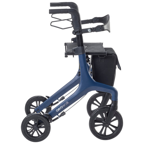 Side view of blue rollator with black seat, rear handle bar, and 4-spoke wheels