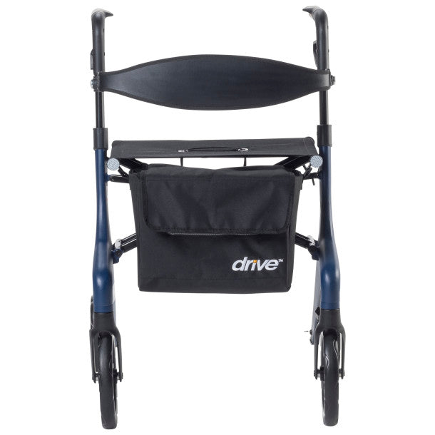 Front view of blue rollator with black seat pad and centered storage pouch