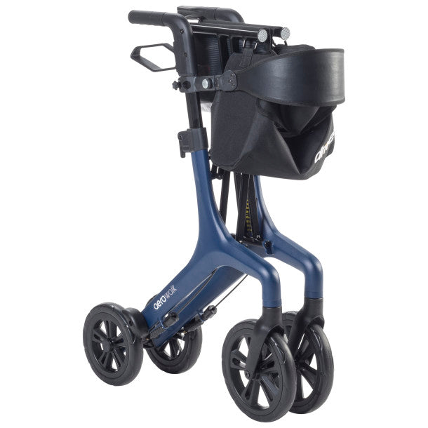 Back view of blue rollator showing black seat cushion and rear storage pouch