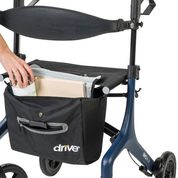 Blue rollator with black front storage bag attached under the seat