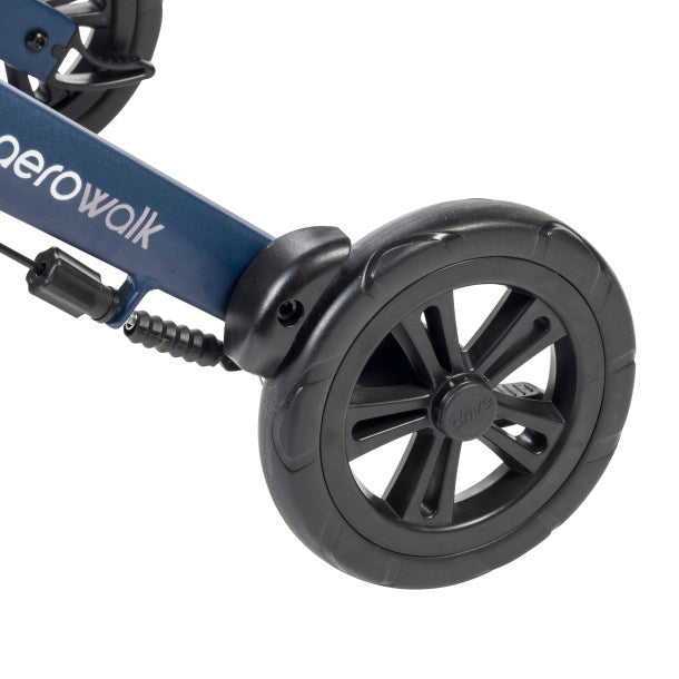 Close-up of rollator front wheel and blue frame leg with caster hardware
