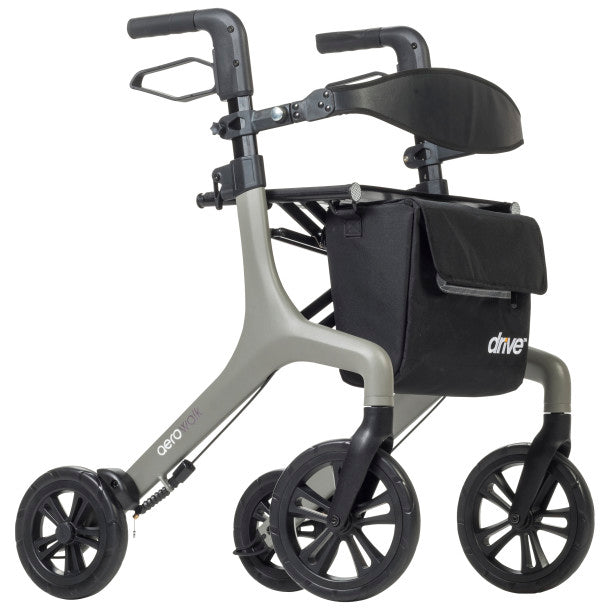 Gray rollator with black padded seat, backrest, and four large wheels