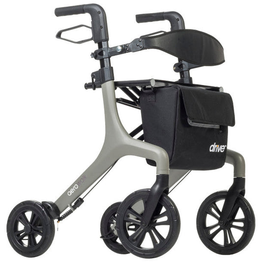 Gray rollator with black padded seat, backrest, and four large wheels