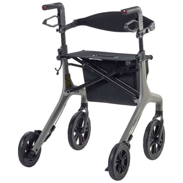 Gray frame rollator with black padded backrest and four wheels, side view