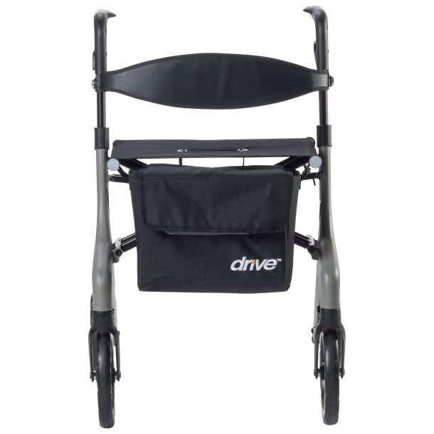 Black seat, backrest, and front storage bag on a gray lightweight rollator