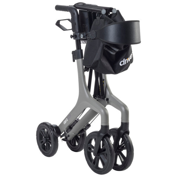 Gray and black four-wheel rollator with padded backrest and attached rear storage basket