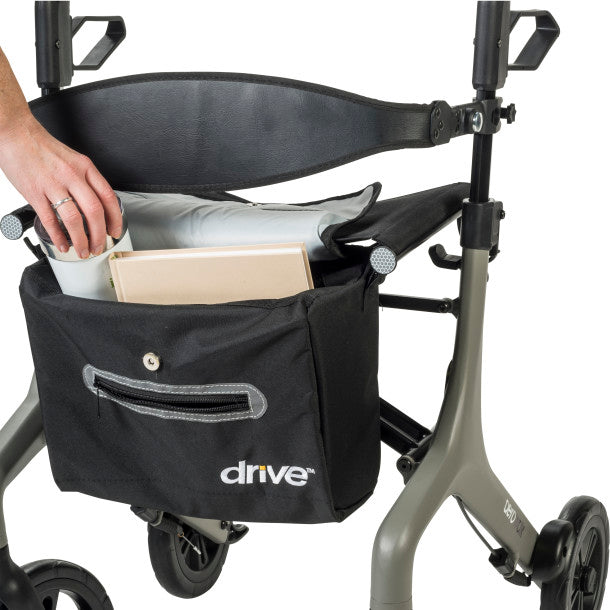 Black storage pouch attached to rollator seat with side pocket and open compartment