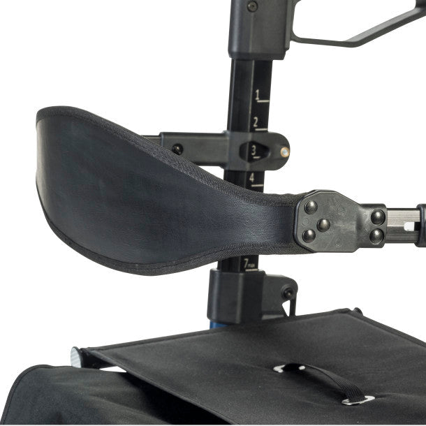 Black padded seat and backrest on adjustable rollator support with height markers