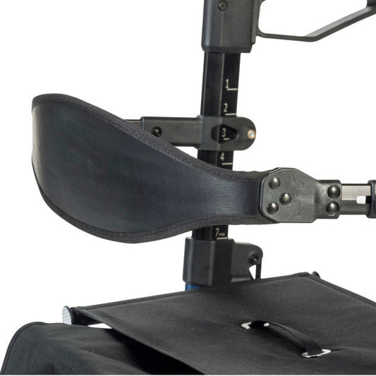 Black padded seat and backrest on adjustable rollator support with height markers
