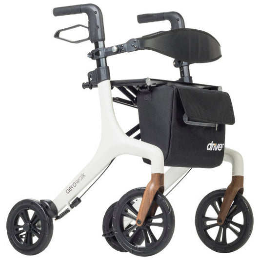 Ultra-lite rollator in white frame with black seat, armrests, and front storage pouch