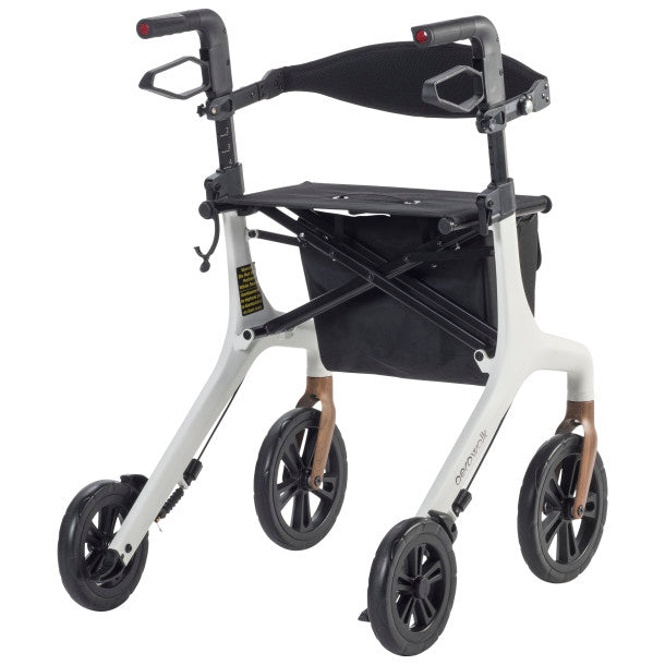 White rollator with black front basket pouch, adjustable hand grips, and four caster wheels
