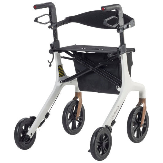 White rollator with black front basket pouch, adjustable hand grips, and four caster wheels