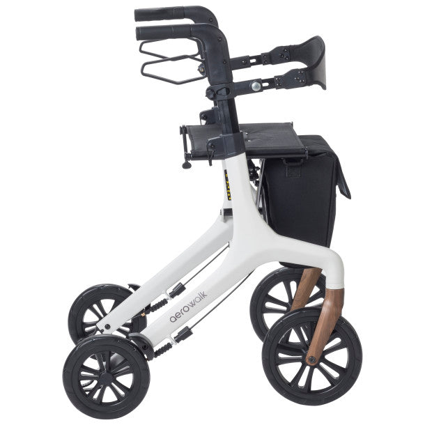 Ultra-lite rollator with black backrest pad, front pouch, and white frame