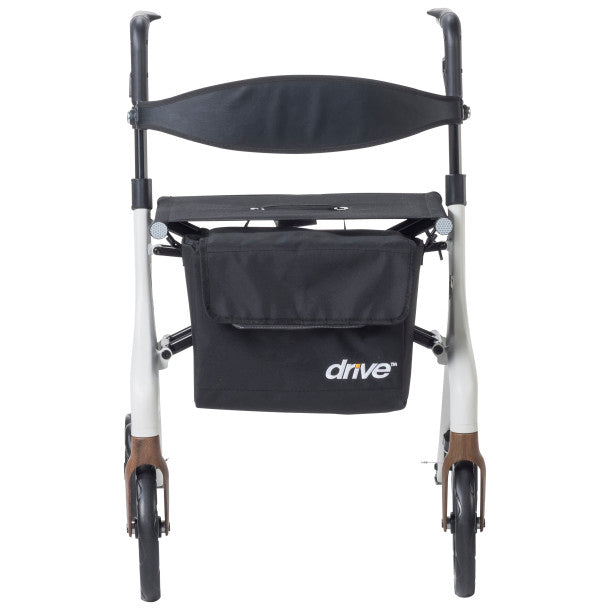 White rollator rear view with black seat pad and large front carry bag pouch