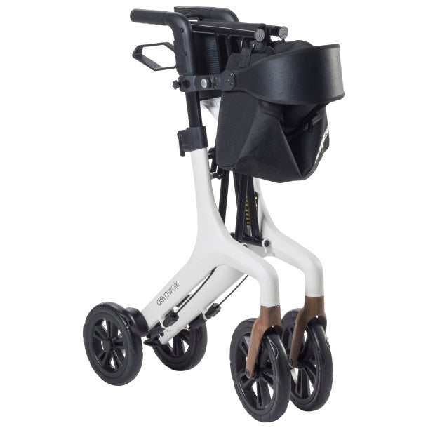 White rollator with black lift-up seat and side storage pouch, four large wheels