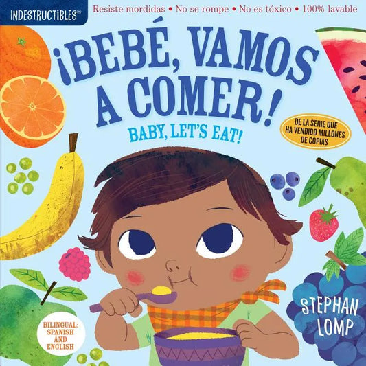 Kids board book cover with cartoon baby eating, colorful fruit and leaf illustrations