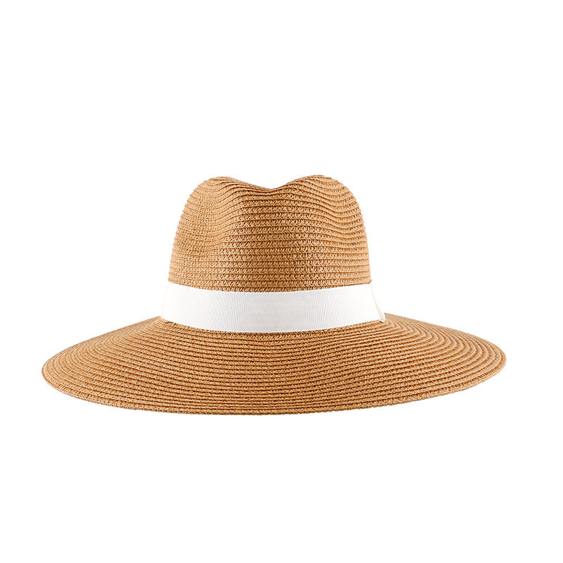 Khaki straw wide-brim fedora sun hat with white band