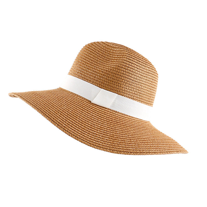 Khaki straw wide-brim fedora sun hat, side view with white band