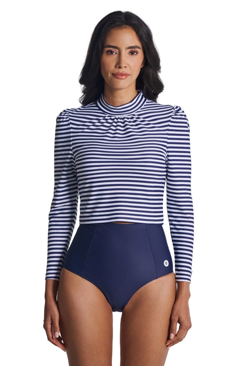 Navy-and-white striped long-sleeve swim top with high neck and gathered puff sleeves