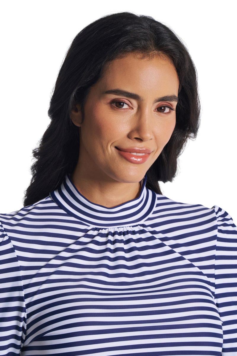 High-neck navy-and-white striped swim top with gathered puff sleeves, close-up