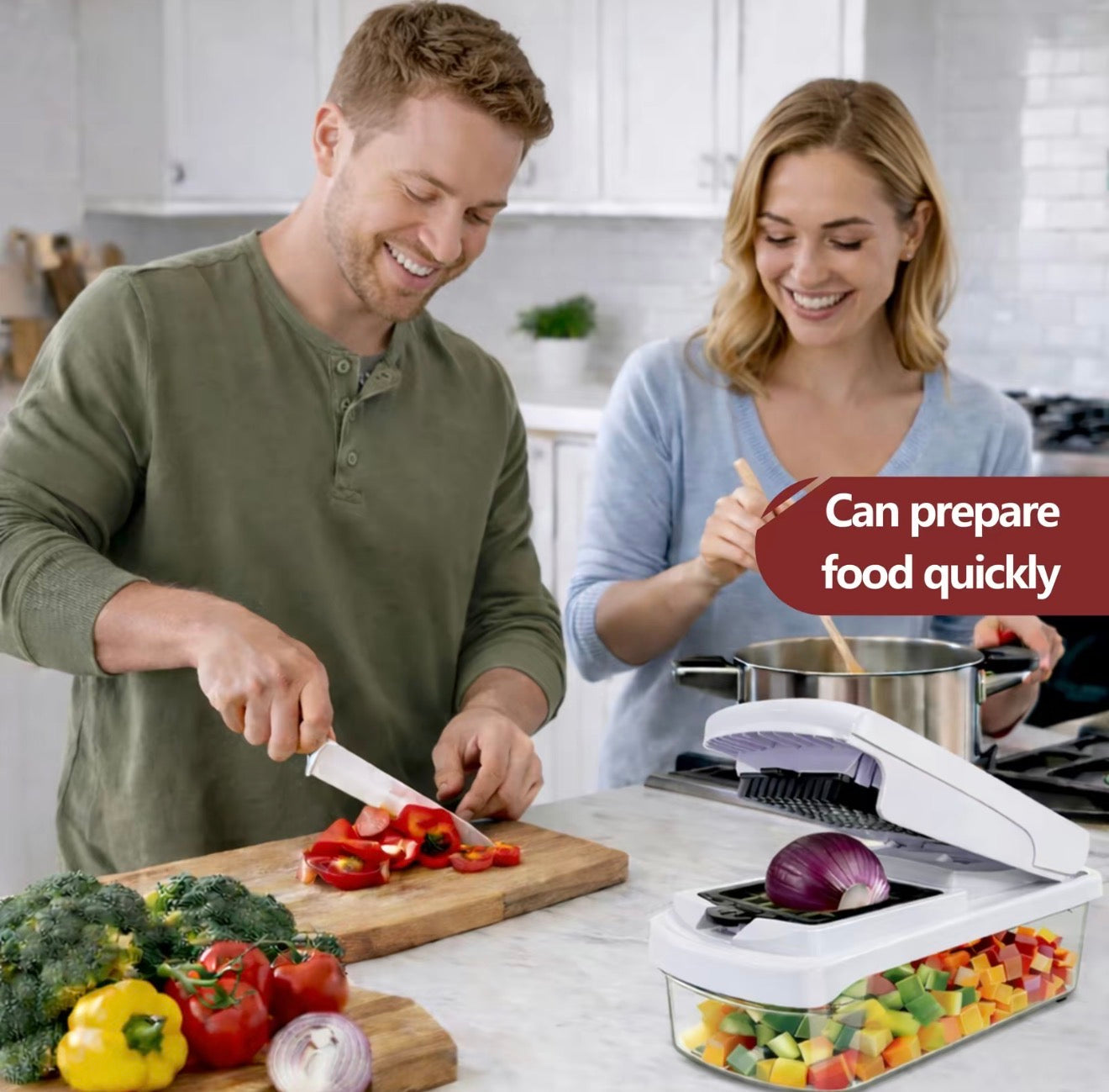 Two people using a multi-blade vegetable chopper to slice vegetables at kitchen counter
