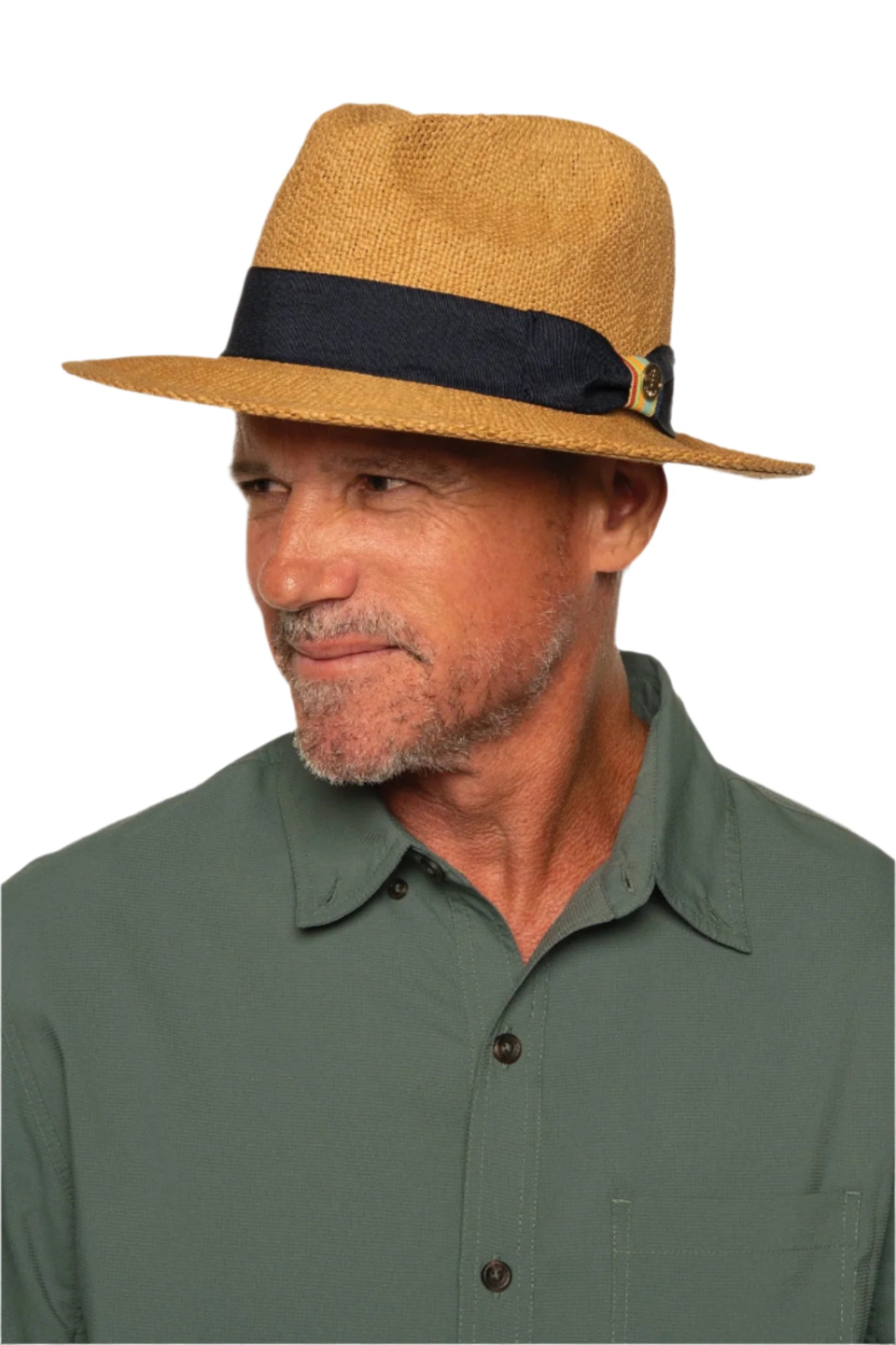 Hand-woven fedora hat in toast with dark rugby-stripe band and side buckle