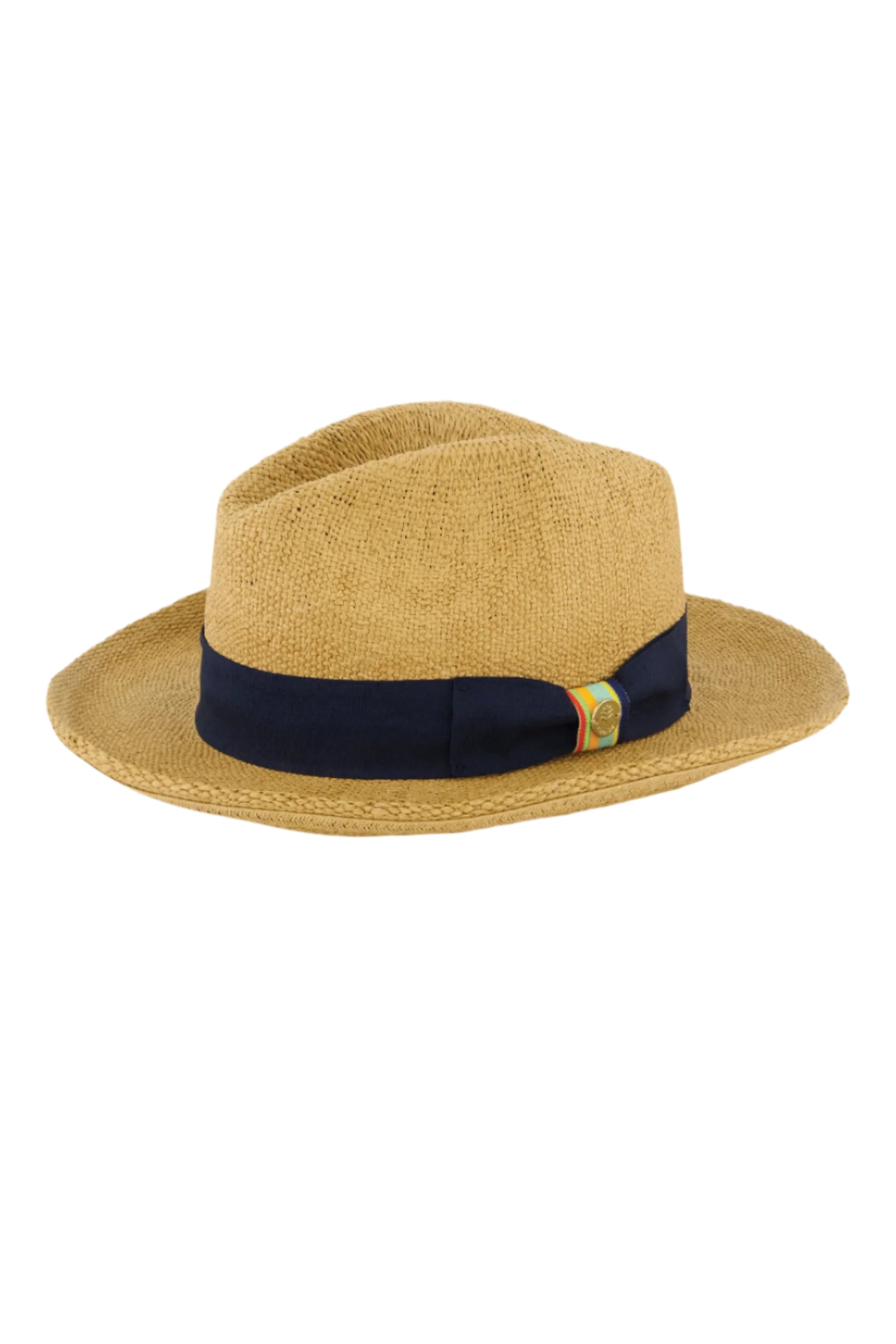 Toast straw fedora with navy rugby stripe band