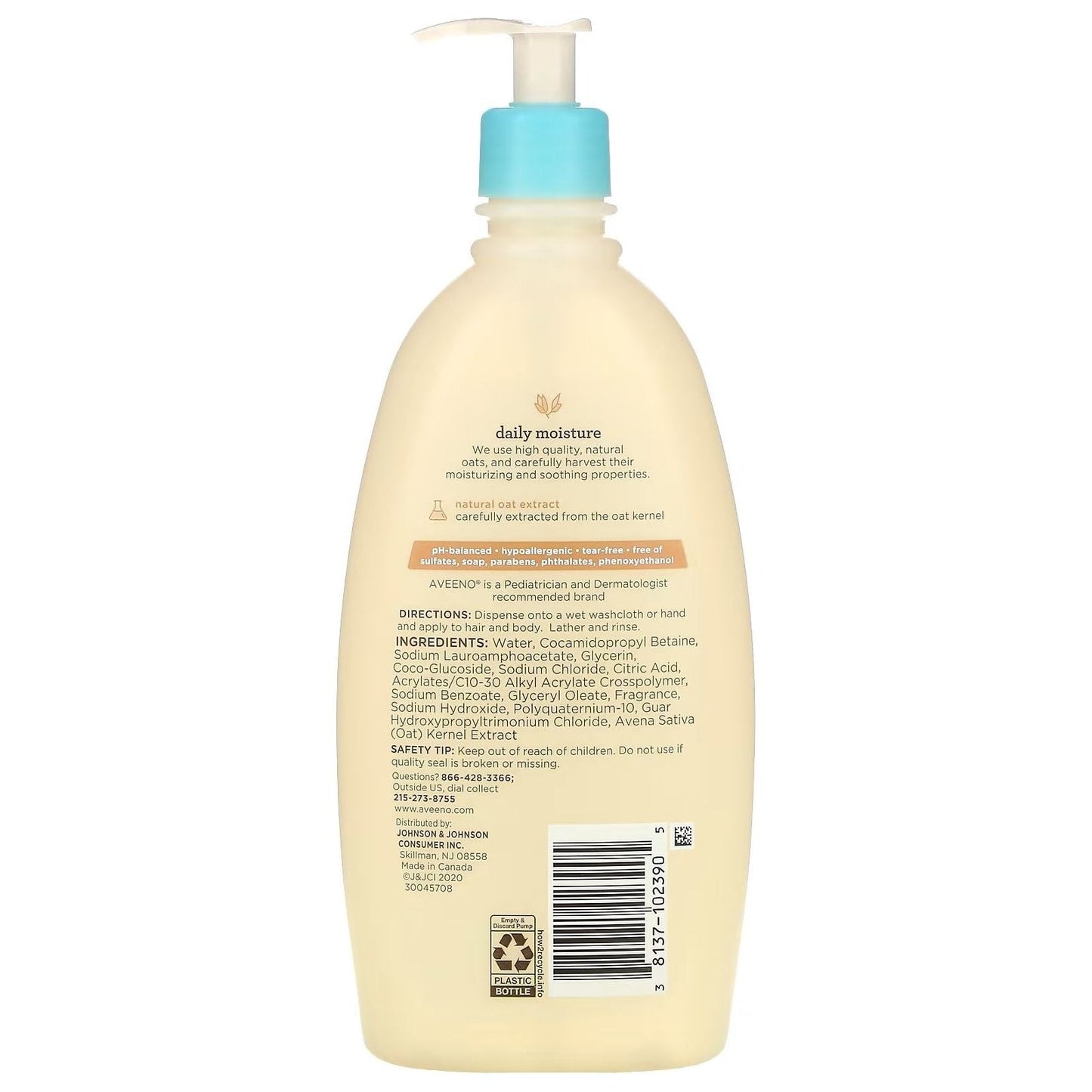 Aveeno baby wash & shampoo bottle back with pump; labels and ingredients panel