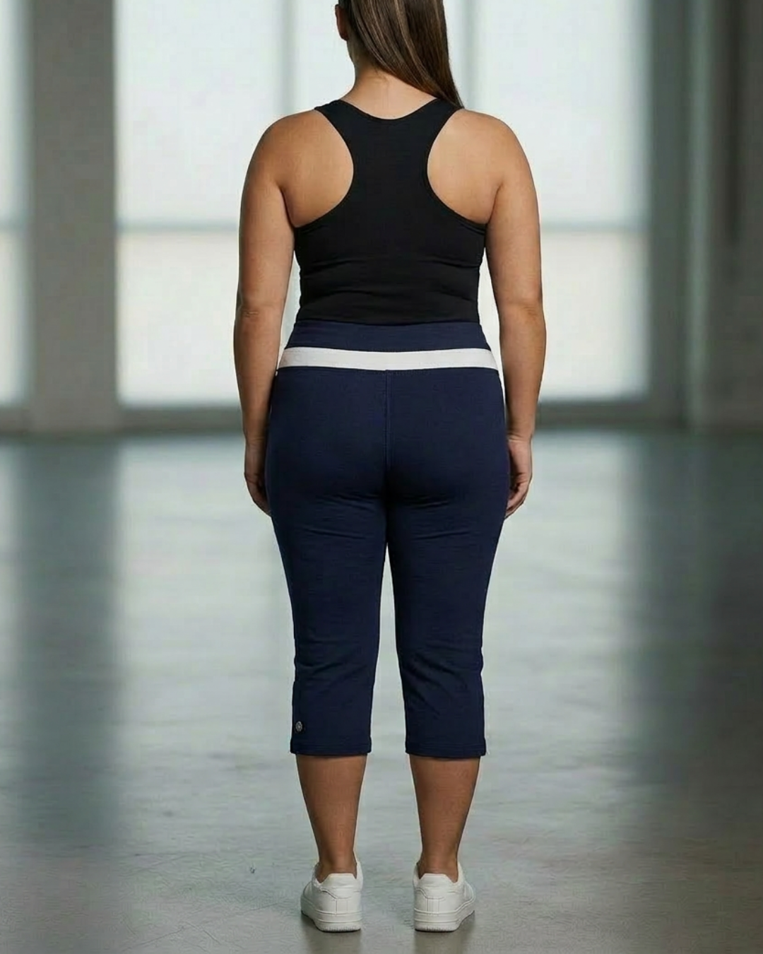 Plus inset capri pants in navy, back view with contrast waistband