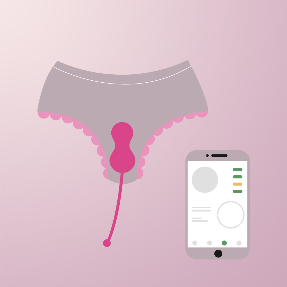 Pink pelvic floor trainer with rounded bulb, schematic pelvic floor pressure targeting