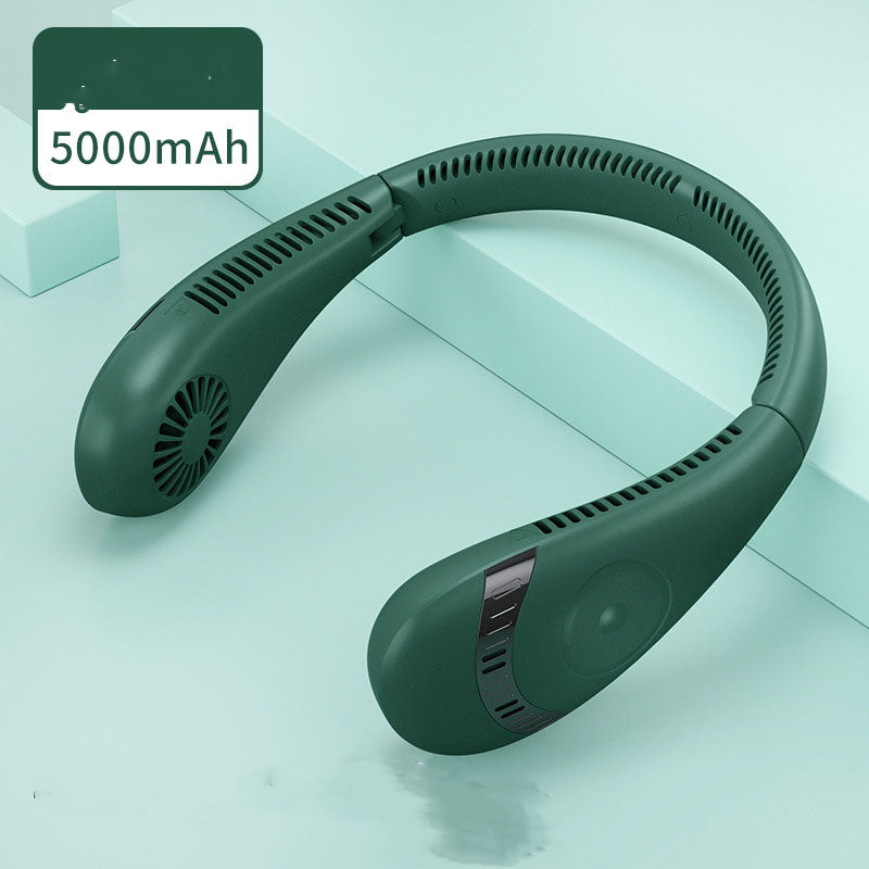 Portable hanging neck fan in green with curved airflow vents and side control panel.