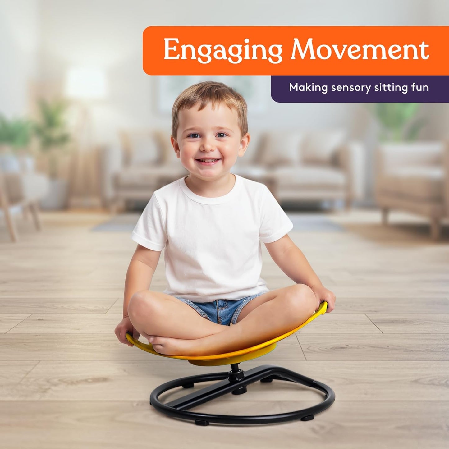 Yellow kids spinning chair with smile face and black base, child seated in front