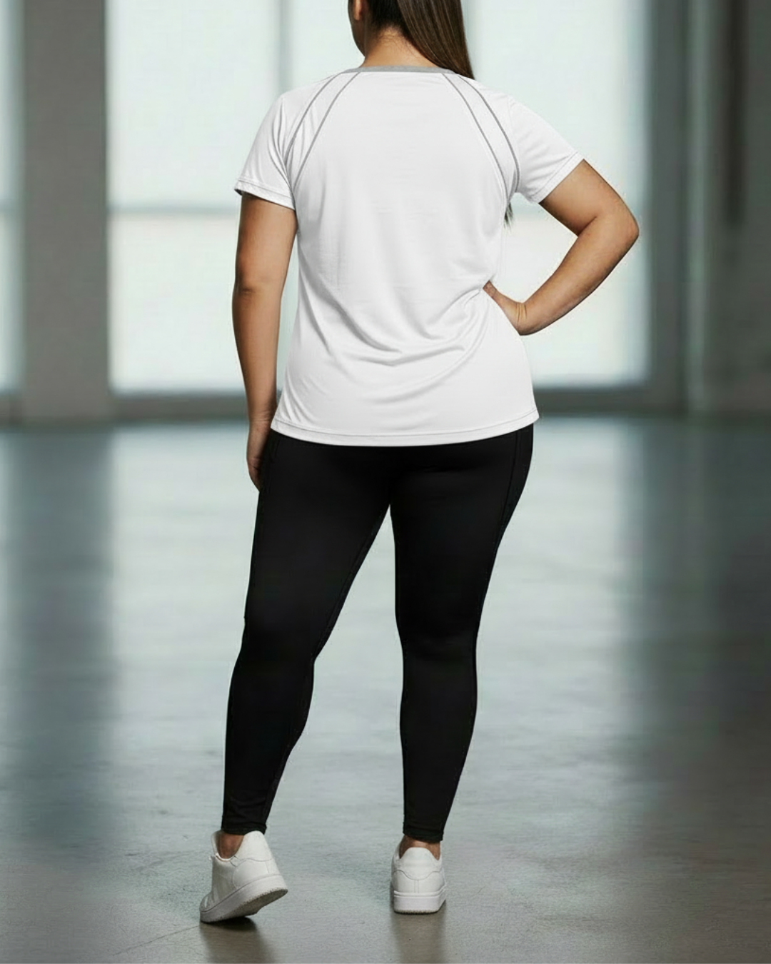 White sport tee back view with gray contrast piping seam lines