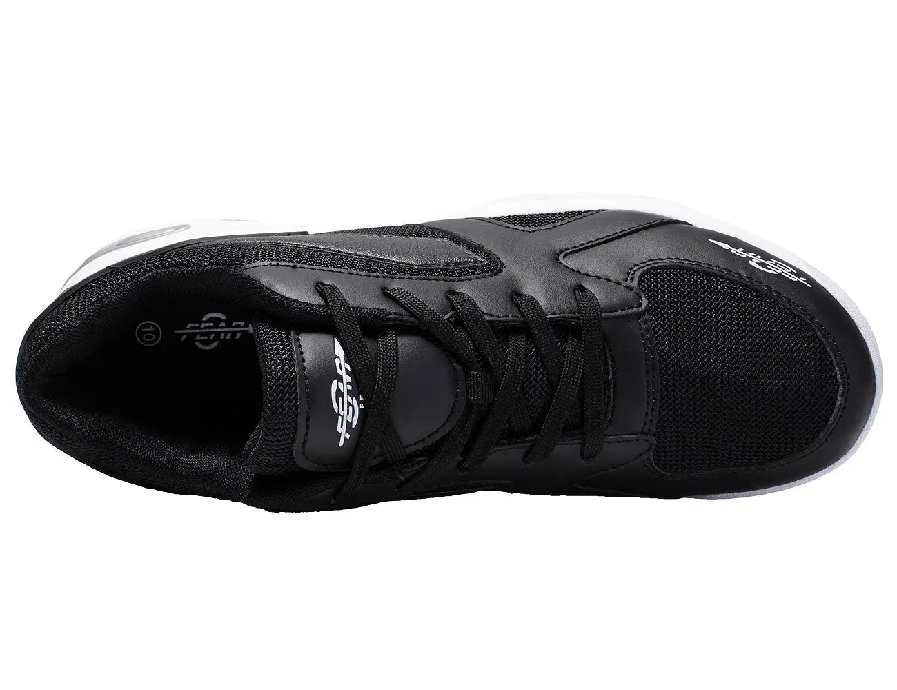 Black lace-up walking shoe with mesh upper, padded collar, and white rubber sole.