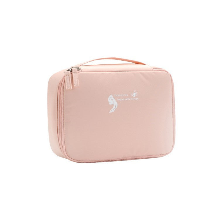 Pink square waterproof makeup/toiletry bag with zippered top and carrying handle.