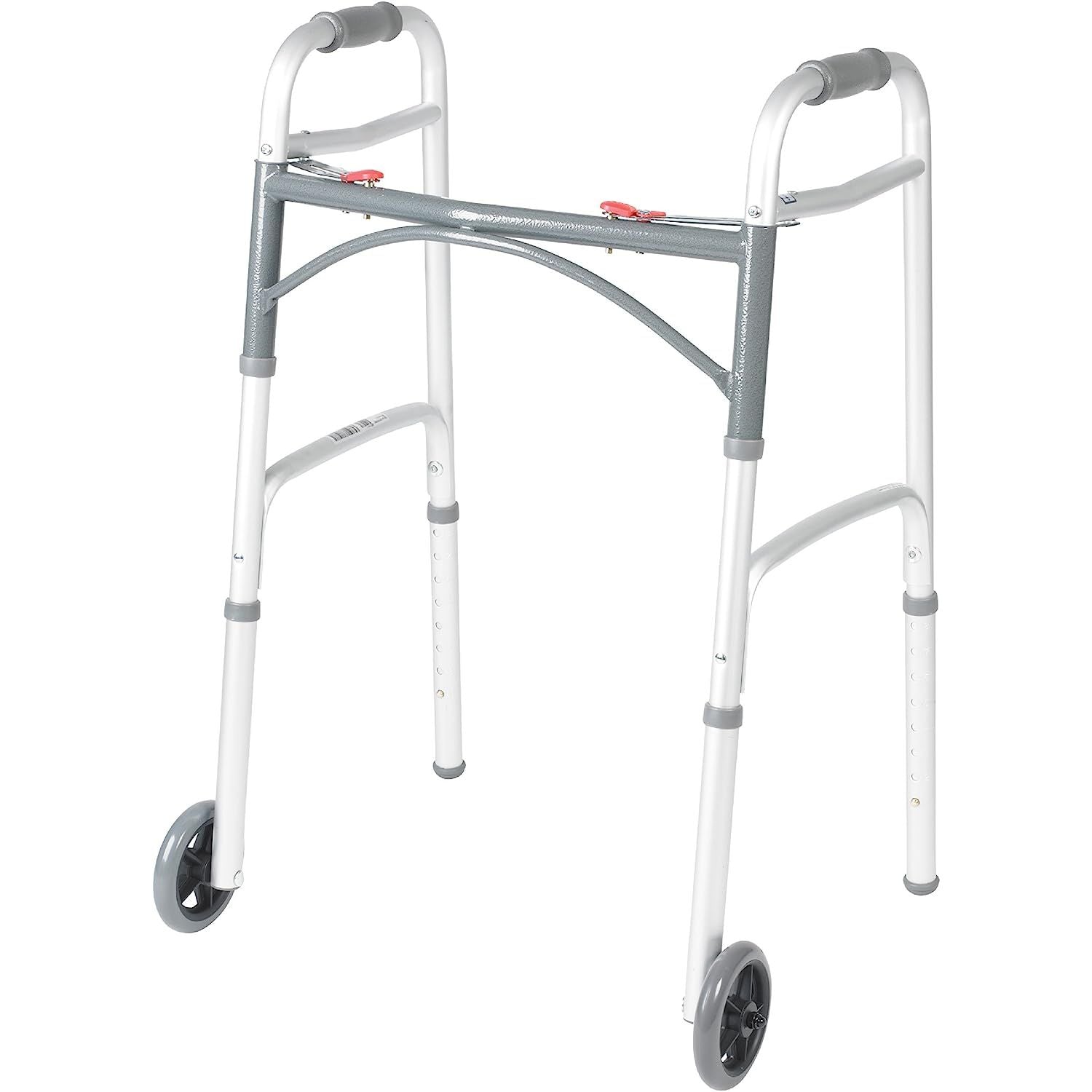 Gray and white folding walker with wheels, curved hand grips, and foldable frame