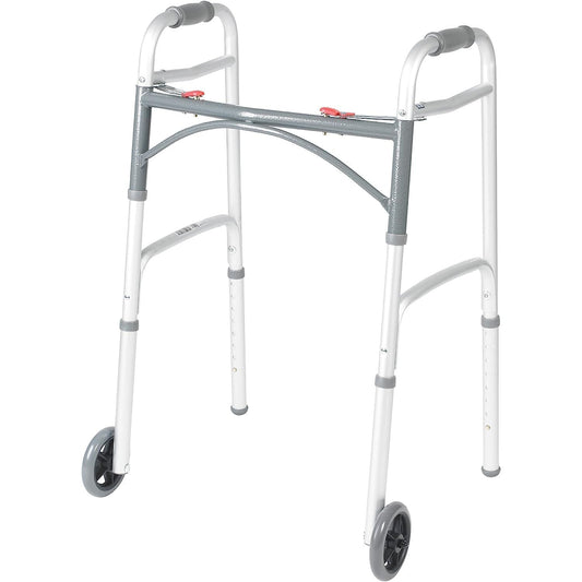 Gray and white folding walker with wheels, curved hand grips, and foldable frame