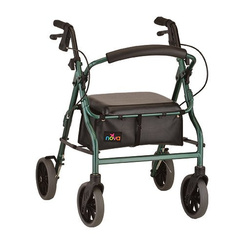 Nova rolling walker with cushioned seat and front storage pouch, four caster wheels