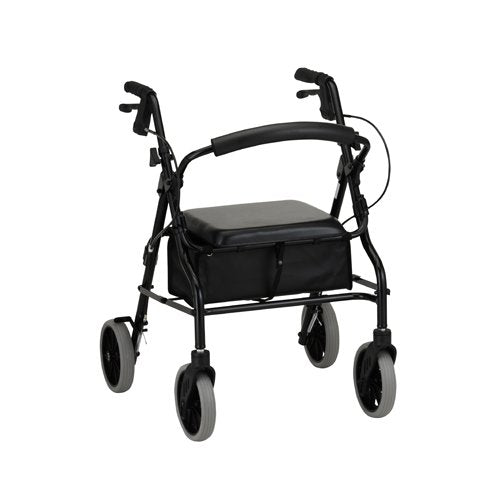 Black rolling walker with padded seat and front caster wheels
