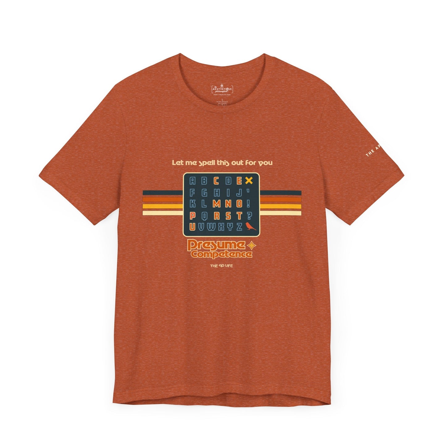 Heather rust unisex jersey tee with spelling-themed letter grid graphic on front