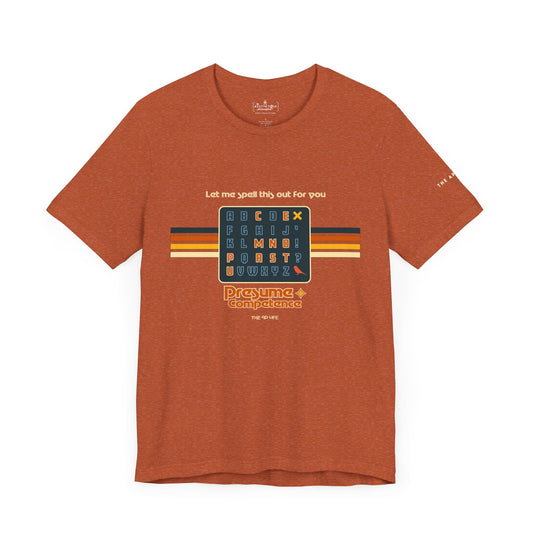 Heather rust unisex jersey tee with spelling-themed letter grid graphic on front