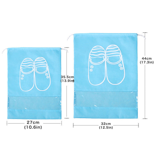 Light blue drawstring shoe storage bag with white shoe icon front and sizing view.