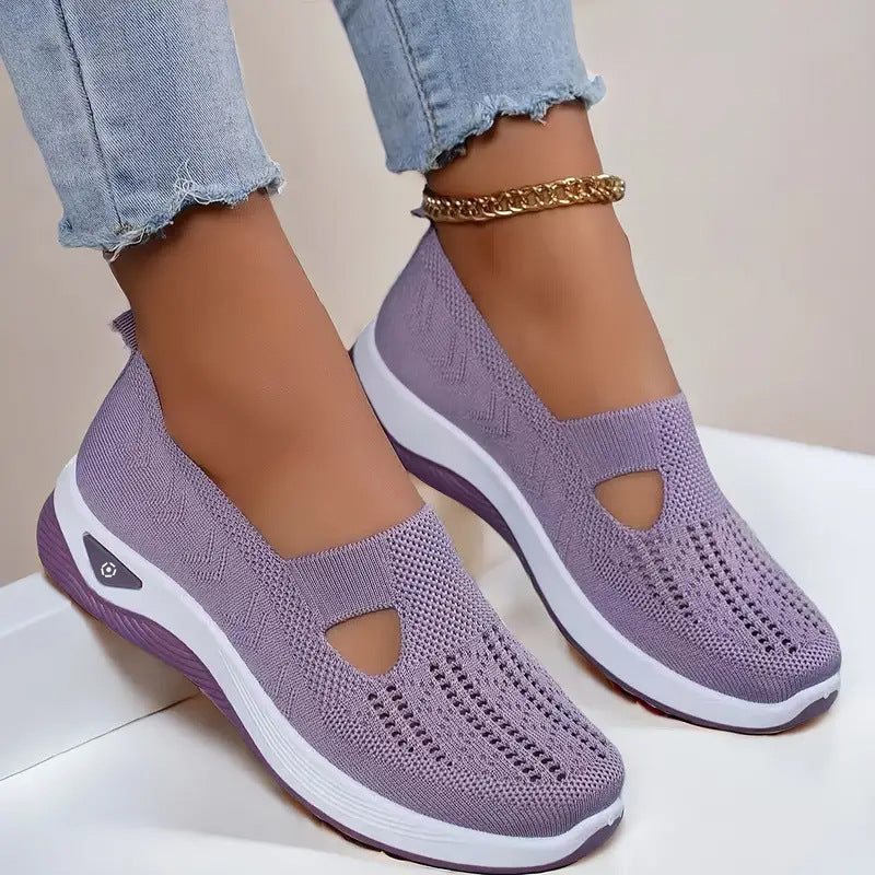 Lavender knit mesh flats with oval cutout and white sole, slip-on casual shoes