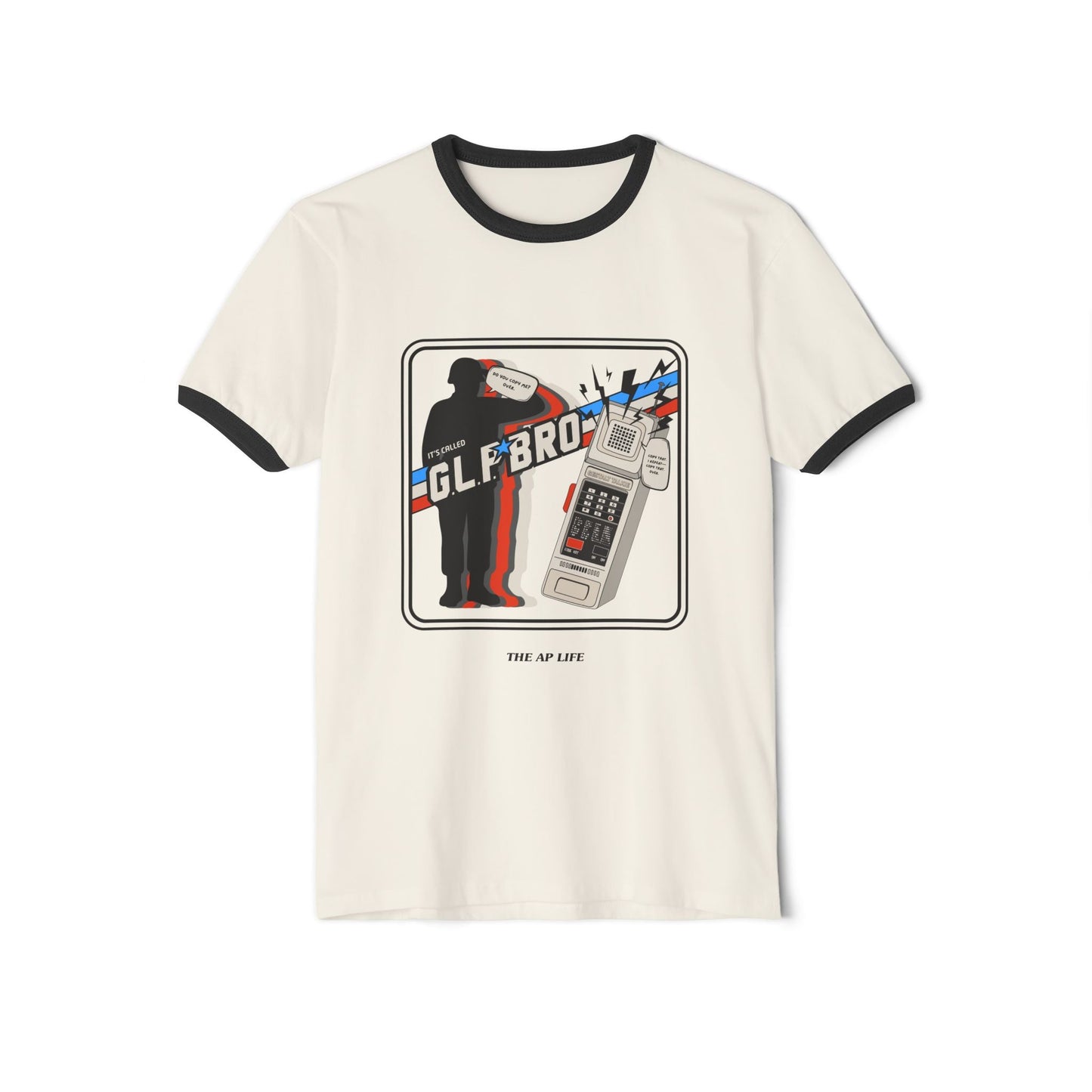 Natural (cream) adult unisex cotton ringer T-shirt with black trim and front graphic print.