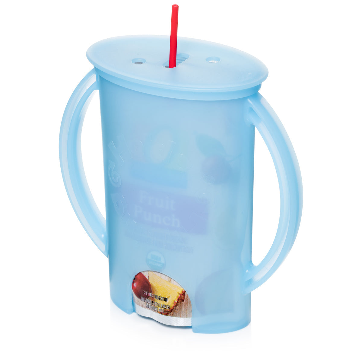 Blue pouch holder with lid and straw opening, side handles