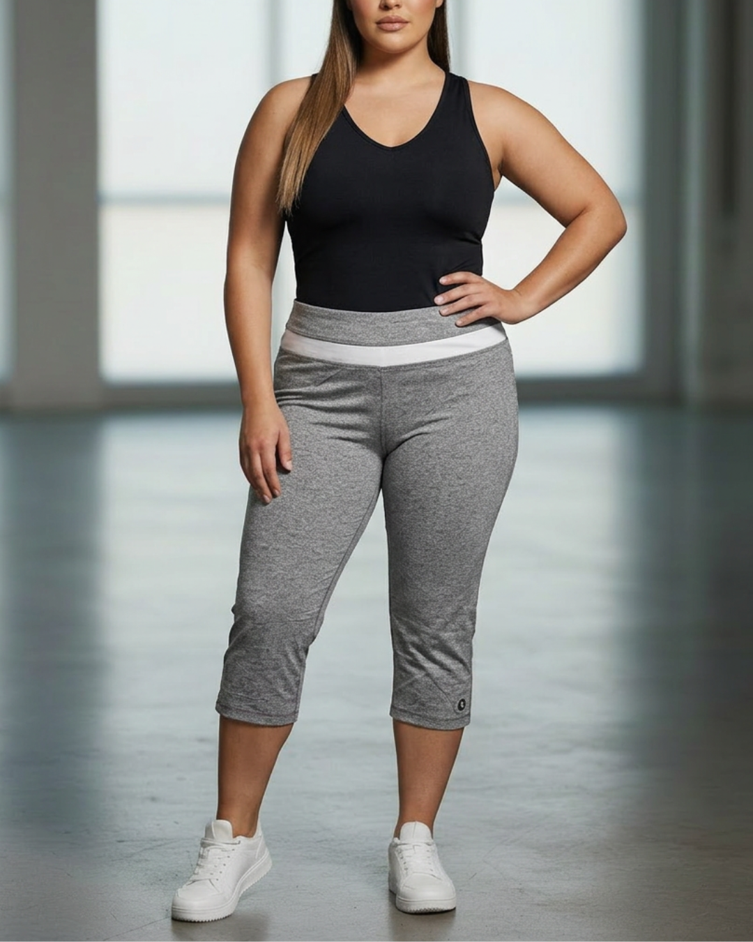 Plus inset capri pants in heather gray with contrast waistband, front view