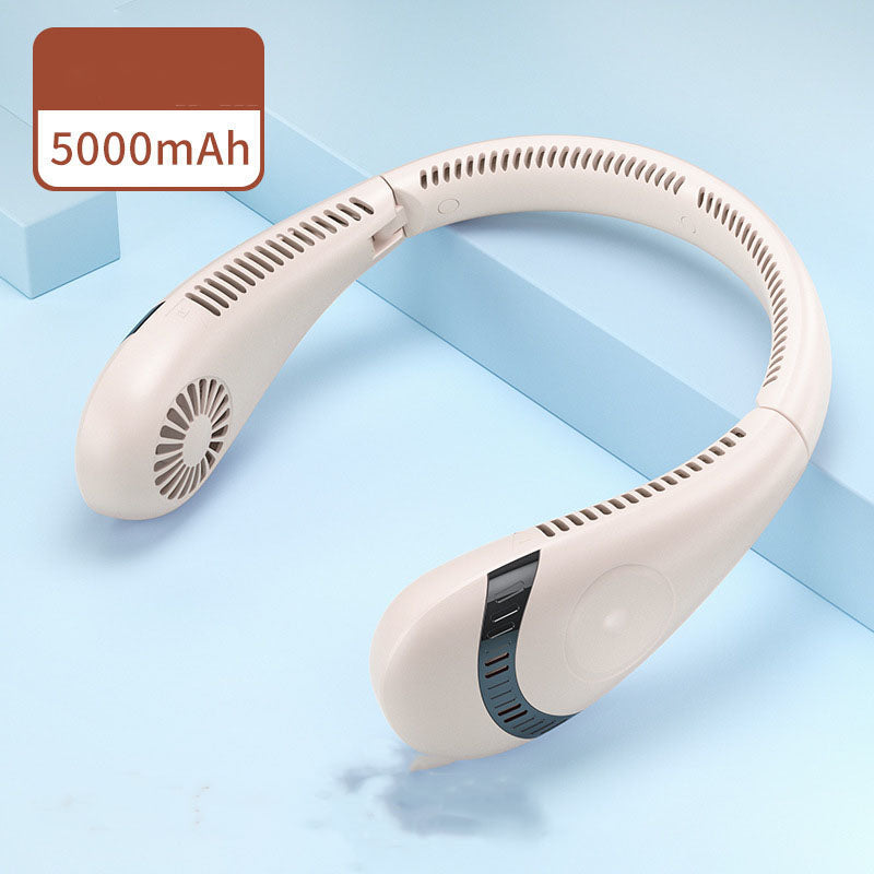 Portable hanging neck fan in light beige with curved vents and side control panel and display.